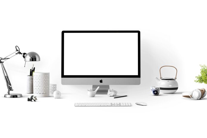 apple, computer, desk