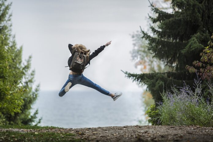 woman, jump, backpack