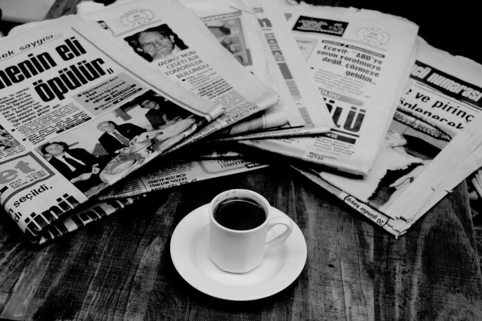 coffee, flower background, newspaper